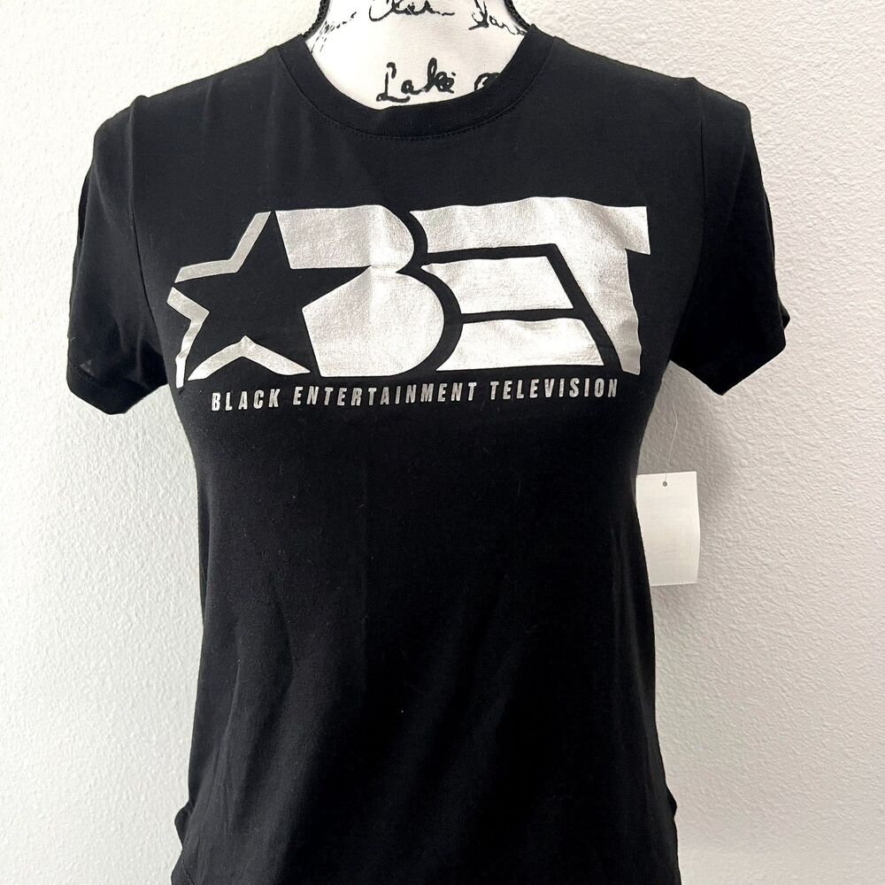 BET Black Entertainment Television (XS) Silver Foil Logo T-Shirt NWT